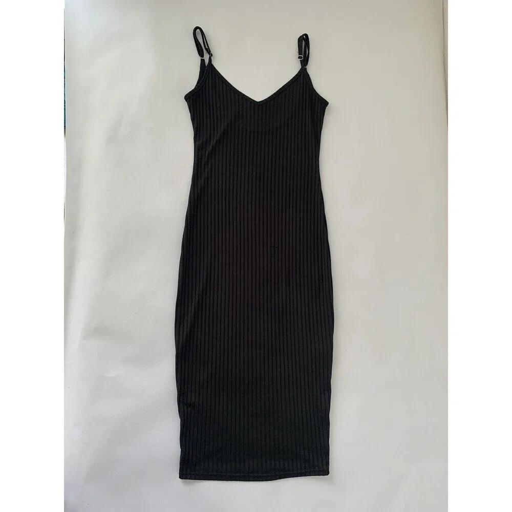 Shein Bodycon Dress Womens Small Black Ribbed Cami Spaghetti Strap Stretch Basic - Picture 5 of 11